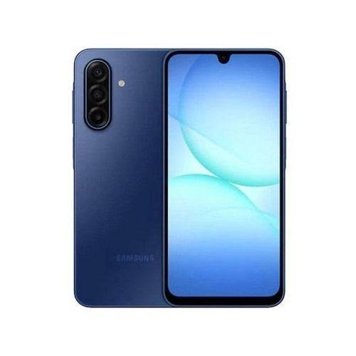 Blue Samsung smartphone shown from both sides: triple-camera rear array and a tall edge-to-edge display on the front.
