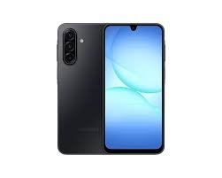 Front and back view of a black smartphone; the rear shows a triple-camera setup, while the front has a notched display.