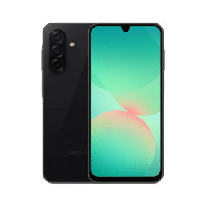 Black Samsung Galaxy smartphone shown from front and back, featuring a vertical triple-camera array on the rear.
