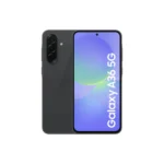 Black smartphone shown from front and back, featuring a triple-camera module on the rear and a tall edge‑to‑edge display with 'Galaxy A36 5G' text on screen