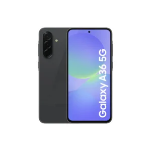 Black smartphone shown from front and back, featuring a triple-camera module on the rear and a tall edge‑to‑edge display with 'Galaxy A36 5G' text on screen