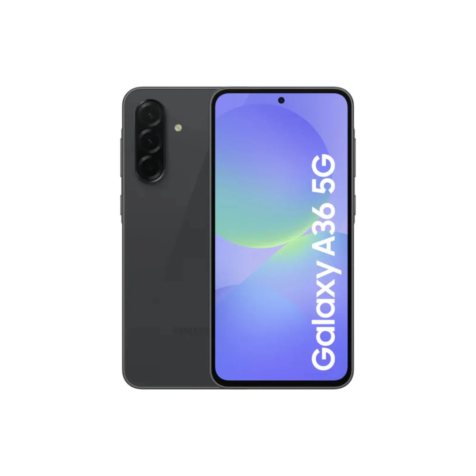 Black smartphone shown from front and back, featuring a triple-camera module on the rear and a tall edge‑to‑edge display with 'Galaxy A36 5G' text on screen