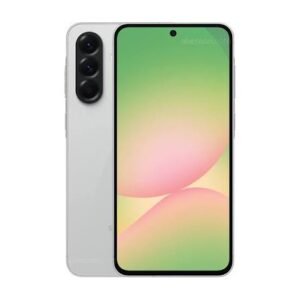White smartphone with triple-camera back and edge-to-edge display showing a green-pink gradient wallpaper, viewed from the back.