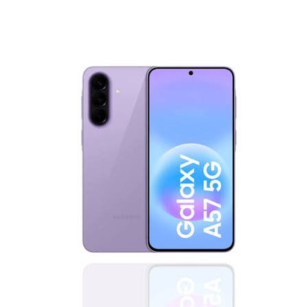 Purple Samsung Galaxy A57 5G phone shown from back and front, with a triple-camera module on the rear and a blue gradient display.”