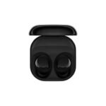 Black wireless earbuds seated in an open charging case with lid raised, on a white background.