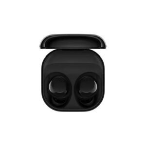 Black wireless earbuds seated in an open charging case with lid raised, on a white background.