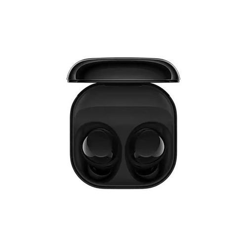 Black wireless earbuds seated in an open charging case with lid raised, on a white background.