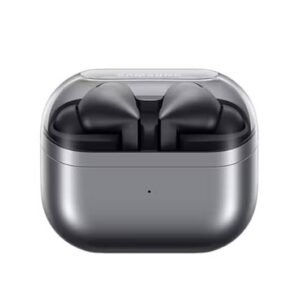 Gray wireless earbuds in an open charging case with a clear lid, resting in the compact silver case