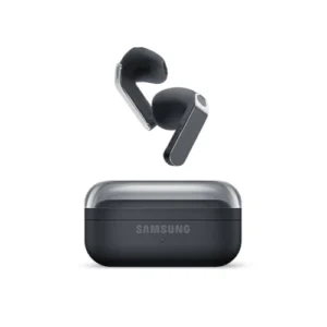 Samsung wireless earbuds with their closed charging case, shown outdoors with the buds hovering above the case.