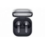 True wireless earbuds in a dark charging case with the lid open, showing two gray earbuds inside