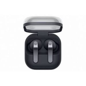 True wireless earbuds in a dark charging case with the lid open, showing two gray earbuds inside