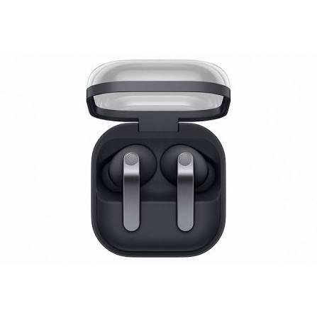 True wireless earbuds in a dark charging case with the lid open, showing two gray earbuds inside