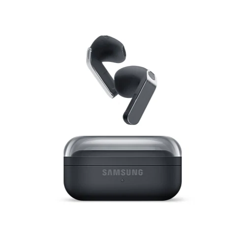 Samsung wireless earbuds with their closed charging case, shown outdoors with the buds hovering above the case.
