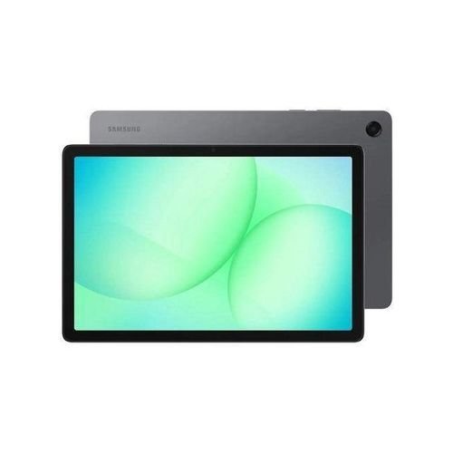 Samsung tablet shown from front and back with a bright green abstract wallpaper on the screen and a gray body.