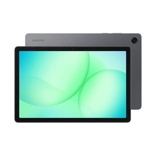 Samsung tablet shown from the front and back, with a black bezel around a green abstract wallpaper on the screen and a rear camera on the gray back.