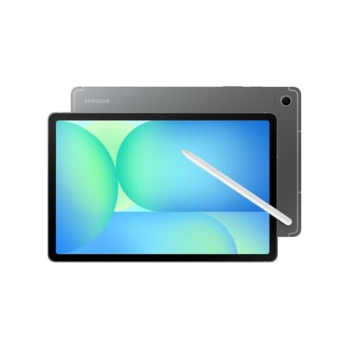 Samsung tablet with a silver stylus laid diagonally across the screen; front and back views shown.