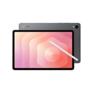 Samsung tablet with pink abstract wallpaper and a white stylus resting on the screen.