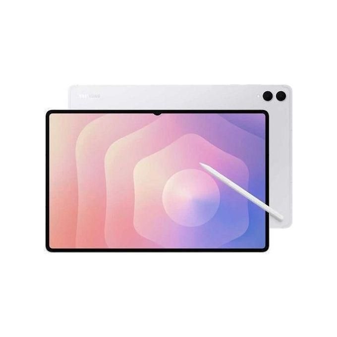 Front and back view of a white tablet with a colorful gradient screen and a stylus resting on the display edge-to-edge.