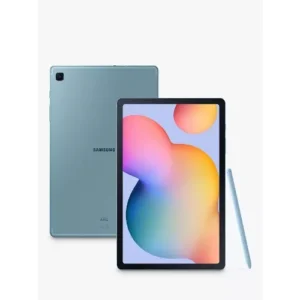 Samsung Galaxy tablet in blue with matching S Pen on the right, displaying a colorful abstract wallpaper on screen.
