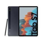 Samsung Galaxy Tab S7 tablet with S Pen stylus beside it, colorful wallpaper on screen