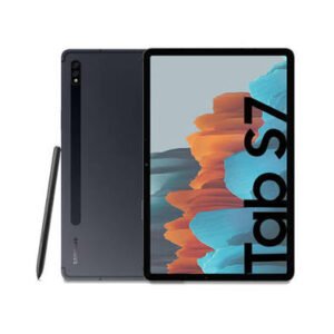 Samsung Galaxy Tab S7 tablet with S Pen stylus beside it, colorful wallpaper on screen