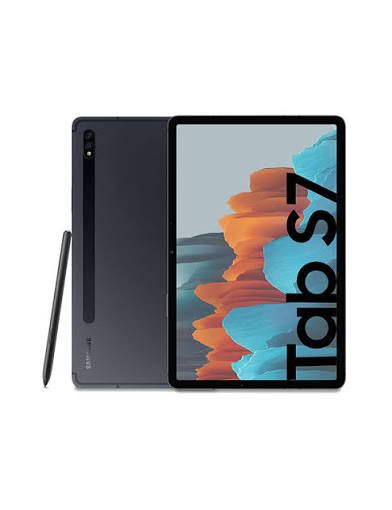 Samsung Galaxy Tab S7 tablet with S Pen stylus beside it, colorful wallpaper on screen