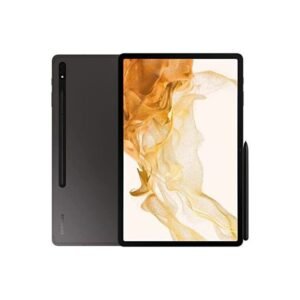 Tablet with a side-mounted stylus, dark back and orange abstract wallpaper on screen.
