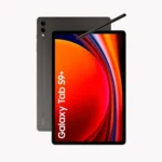 Samsung Galaxy Tab S9+ tablet with a stylus resting on the screen, shown from front and back.