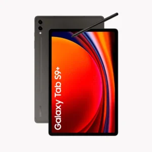Samsung Galaxy Tab S9+ tablet with a stylus resting on the screen, shown from front and back.