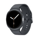Round smartwatch with a dark gray band and black circular display showing an analog clock and date.