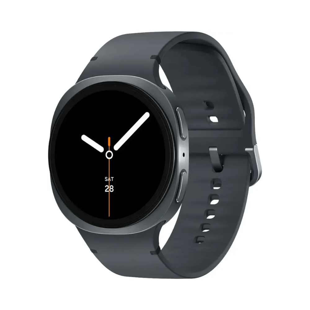 Round smartwatch with a dark gray band and black circular display showing an analog clock and date.