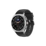 Stainless steel chronograph watch with black leather strap and a dark multi-dial face showing time and subdials.