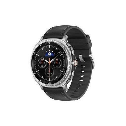 Stainless steel chronograph watch with black leather strap and a dark multi-dial face showing time and subdials.