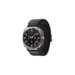 Smartwatch with a black metal expandable band and a round black dial displaying time and date on a white background.
