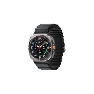 Smartwatch with a black metal expandable band and a round black dial displaying time and date on a white background.