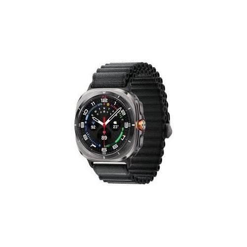 Smartwatch with a black metal expandable band and a round black dial displaying time and date on a white background.