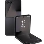 Black foldable smartphone with two screens, outer back camera module visible, inner display showing 12:45 time.