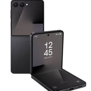 Black foldable smartphone with two screens, outer back camera module visible, inner display showing 12:45 time.