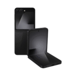 Two black foldable smartphones; one stands upright closed, the other is opened to reveal a large interior screen with a glossy finish