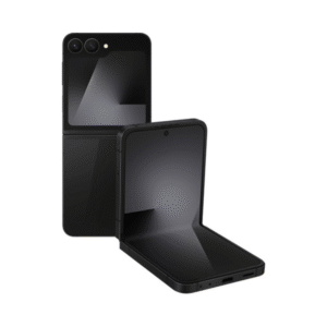 Two black foldable smartphones; one stands upright closed, the other is opened to reveal a large interior screen with a glossy finish