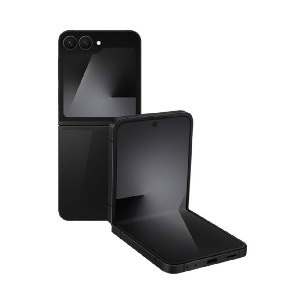 Two black foldable smartphones; one stands upright closed, the other is opened to reveal a large interior screen with a glossy finish