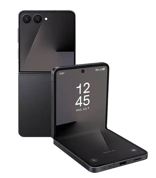Black foldable smartphone with two screens, outer back camera module visible, inner display showing 12:45 time.