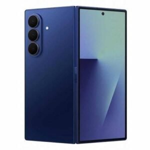 Blue foldable smartphone shown open with a large display and triple-camera system on the back, in a vertical orientation