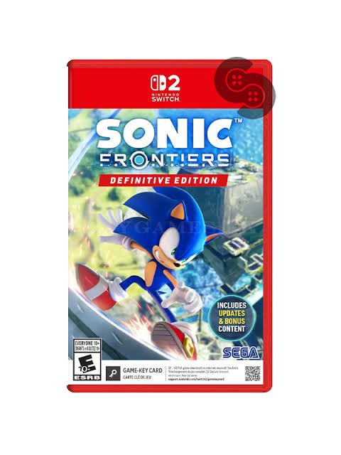 Nintendo Switch game case for Sonic Frontiers Definitive Edition with Sonic running on the cover; includes updates and bonus content label.