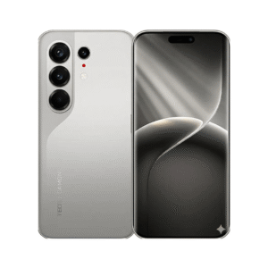 Front and back views of a silver TECNO CAMON smartphone, showing a triple-camera rear array and a near bezel-free front display with curved edges.