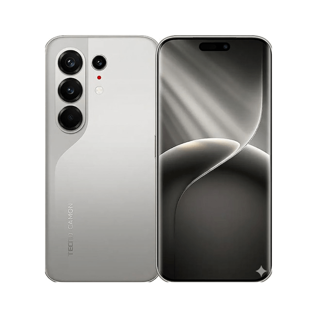 Front and back views of a silver TECNO CAMON smartphone, showing a triple-camera rear array and a near bezel-free front display with curved edges.