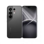 Dark gray smartphone shown from back and front, with a quad-camera module on the rear and a curved-edge display on the front.