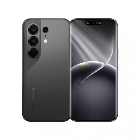 Dark gray smartphone shown from back and front, with a quad-camera module on the rear and a curved-edge display on the front.