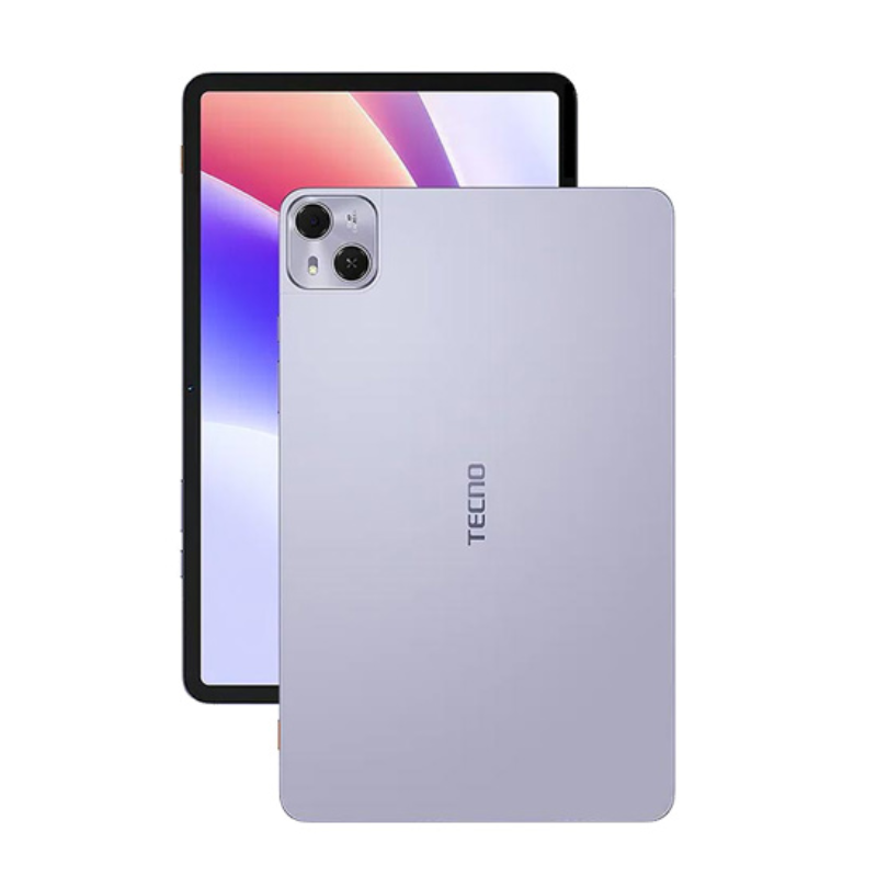 Lavender Tecno smartphone shown from the back with a square camera module; front screen peeks behind.