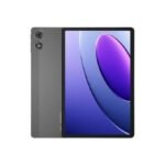Tablet with a dark gray back and dual rear cameras, front-facing screen showing a purple-blue abstract wallpaper